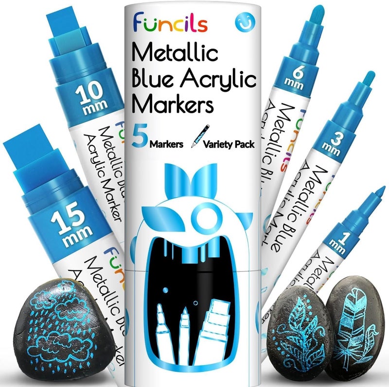 Funcils 5 Metallic Acrylic Blue Paint Pen - Extra Fine Tip, Thin & Jumbo (1mm, 3mm, 6mm, 10mm, 15mm) - Blue Paint Markers for Metal, Fabric, Plastic, Canvas, Wood, Rock Painting, Glass, Permanent Marker - Image 1